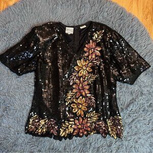 Vintage Stenay Black Sequin Floral Black Silk Top Blouse Size M